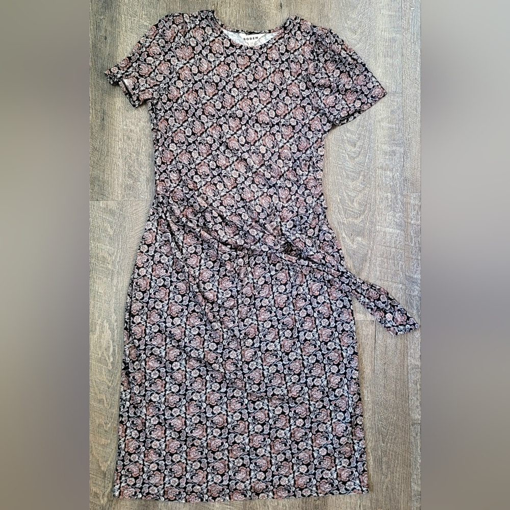 Boden Knot Front Jersey Midi Dress Womens 8P Black White Rust Boho Floral Stretc - Picture 5 of 13